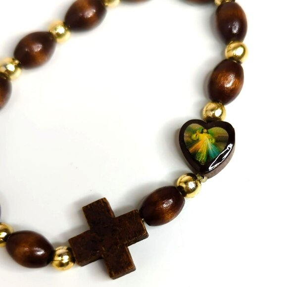 Divine Mercy Wooden Bead Bracelet – Stretchable Catholic Rosary Wristband 7" - Picture 3 of 4